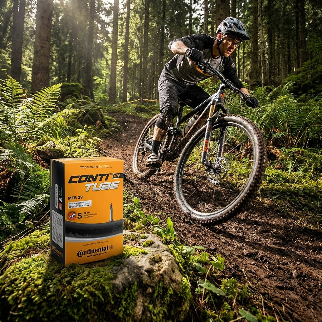 Continental MTB Schlauch 28/29 Zoll auf Felsen im Wald, Mountainbiker fährt dynamisch auf Offroad-Trail.