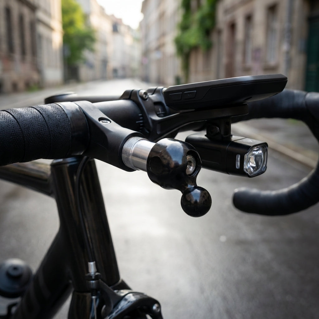 BUSCH&MÜLLER Befestigung für Spiegel Cycle Star 901 16 mm am schwarzen Fahrradlenker, daneben Fahrradcomputer und Licht.