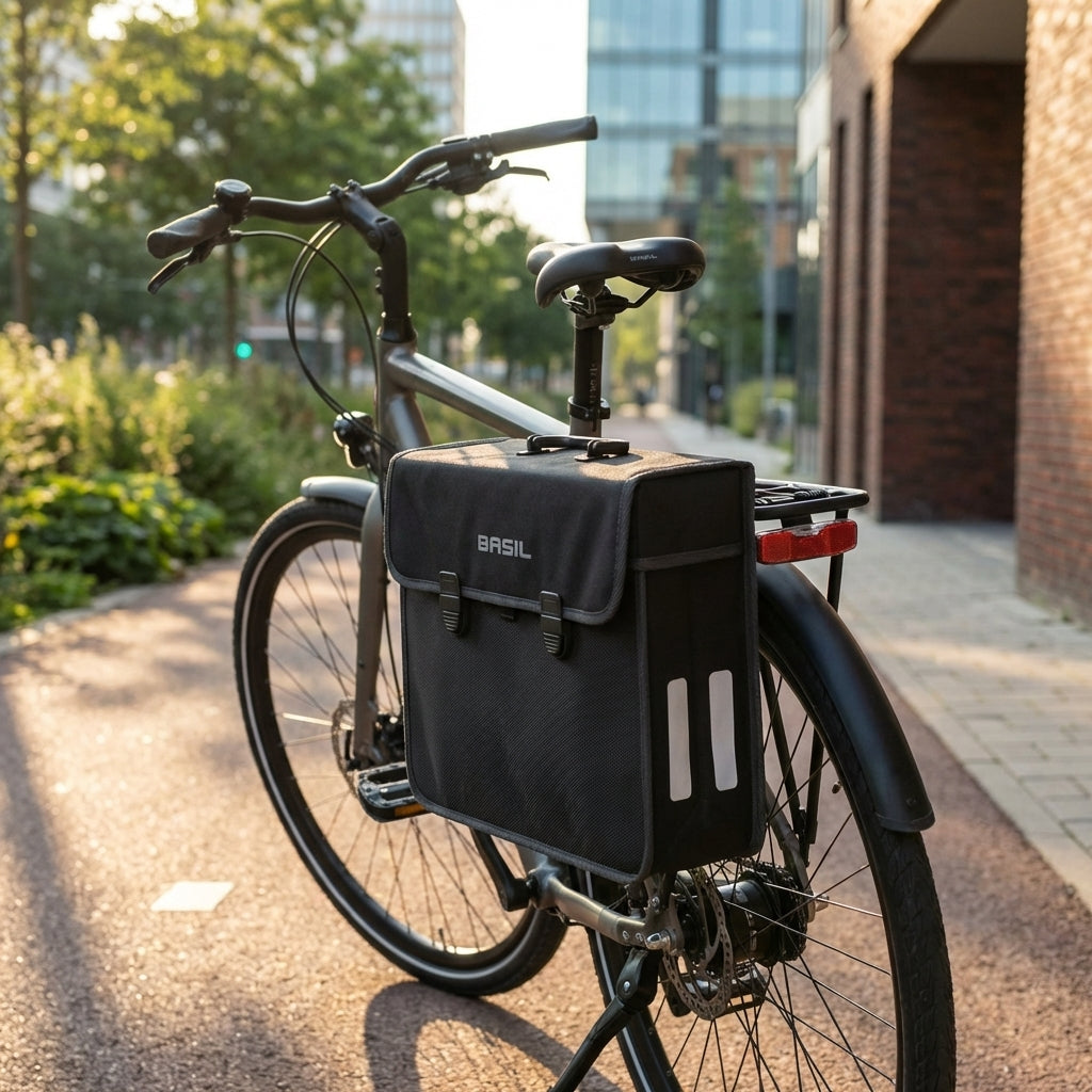 Schwarze Basil Malaga XL Einzelpacktasche 17L am Gepäckträger eines Citybikes auf sonniger Straße.