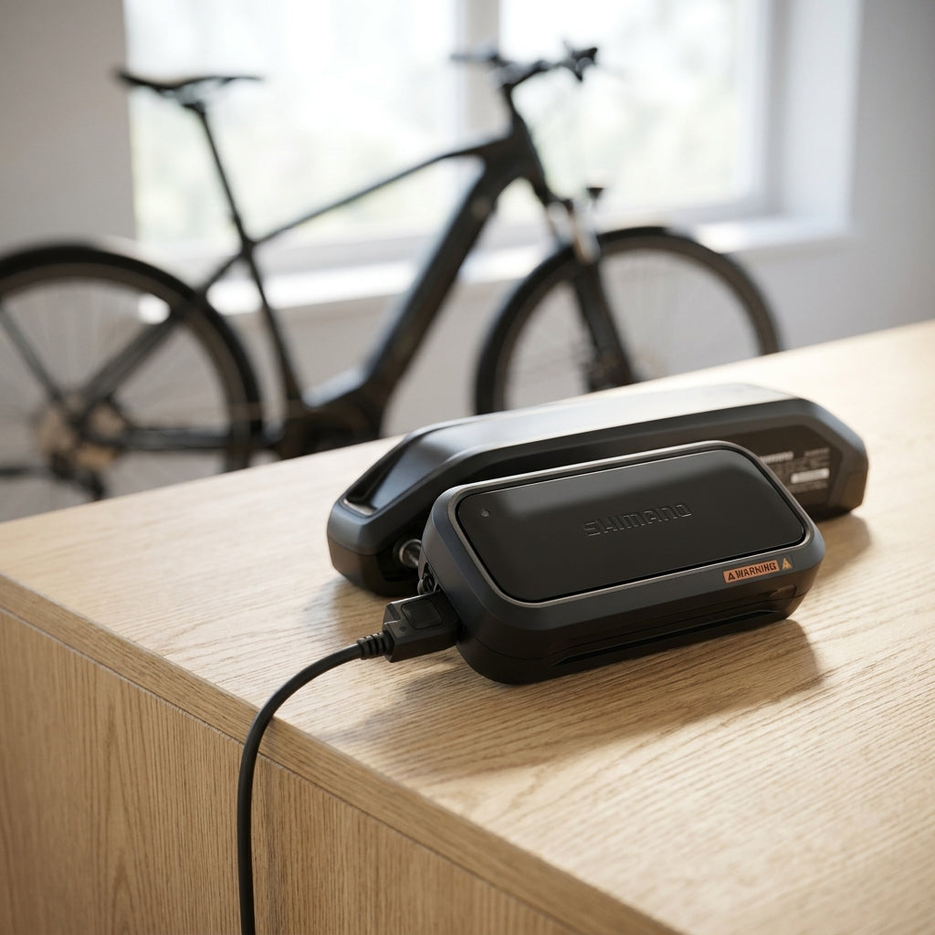 Shimano E-Bike Systems Akku-Ladegerät EC-E6002 lädt Batterie auf Holztisch vor Fahrrad.