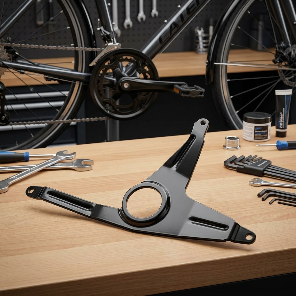 Horn Kettenschutz Befestigungssatz B29/45 schwarz auf Werkbank mit Fahrrad und Werkzeug im Hintergrund.