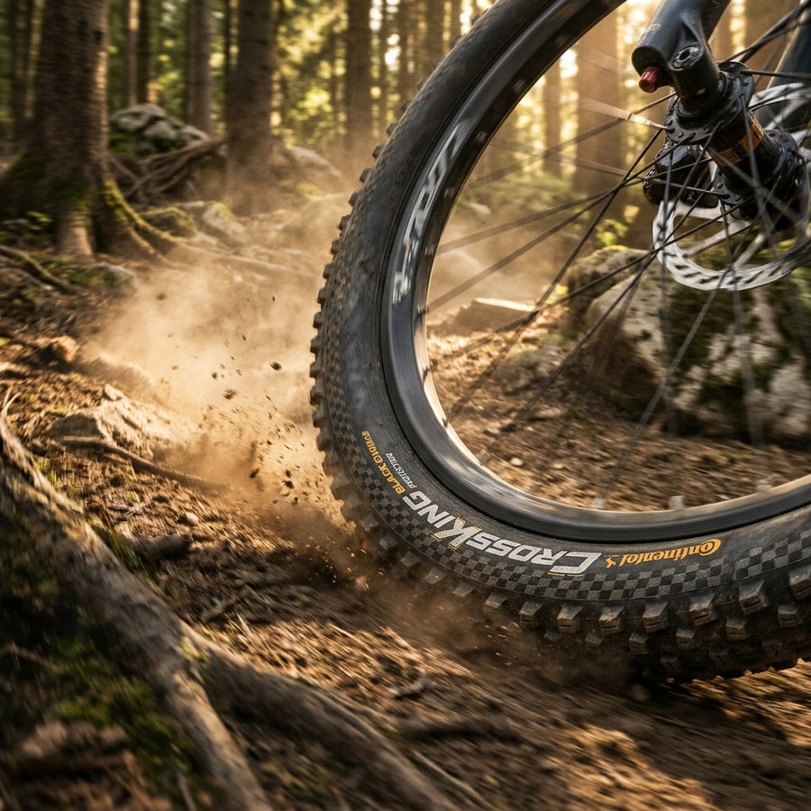Continental Cross King 2.3 Pro Tec Mountainbike Reifen auf staubigem Waldweg, wirbelt Erde auf.