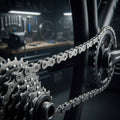 SHIMANO CN-E6070 9-fach E-Bike Kette auf Fahrradantrieb im Detail in einer Werkstatt.