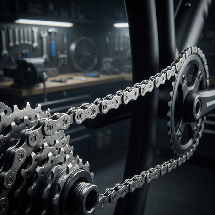 SHIMANO CN-E6070 9-fach E-Bike Kette auf Fahrradantrieb im Detail in einer Werkstatt.