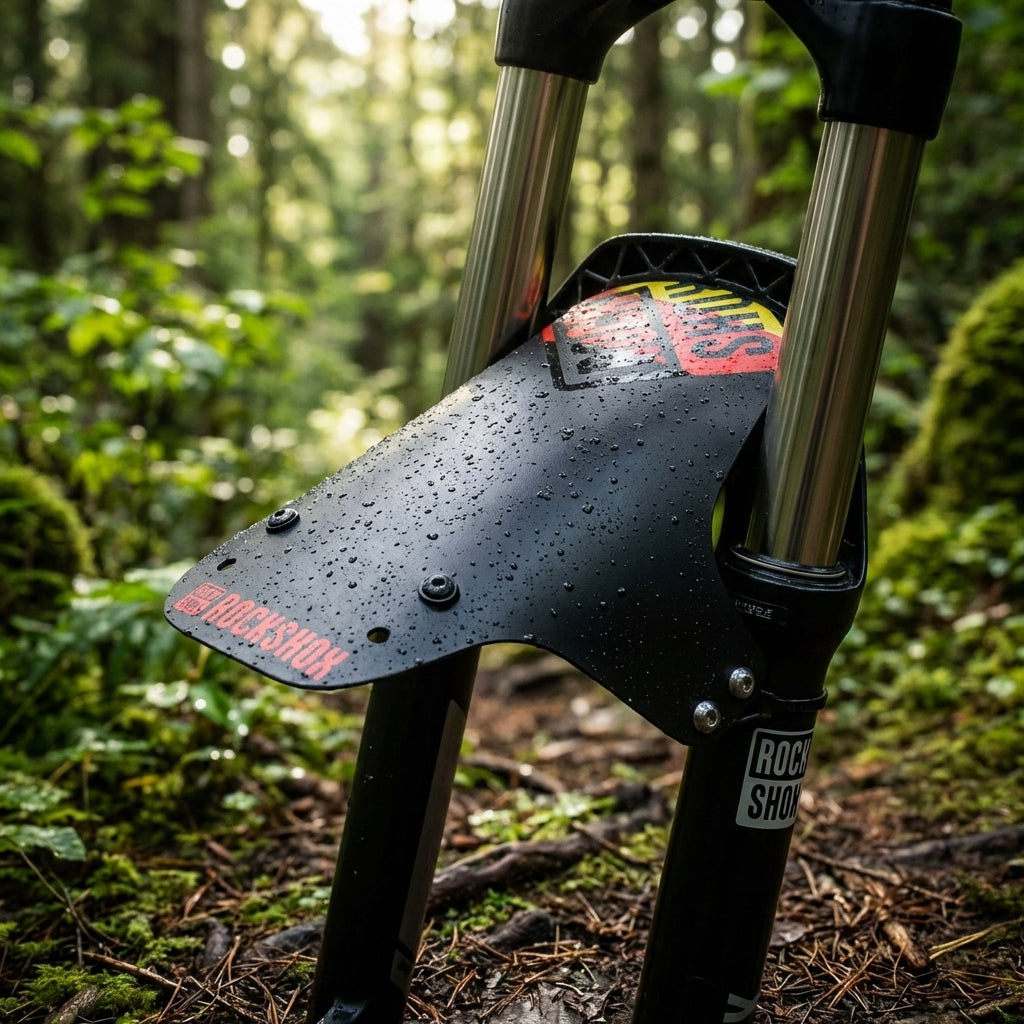 Rockshox Steckradschutz Fender schwarz mit Deutschland-Design, Wassertropfen am Mountainbike im Wald.
