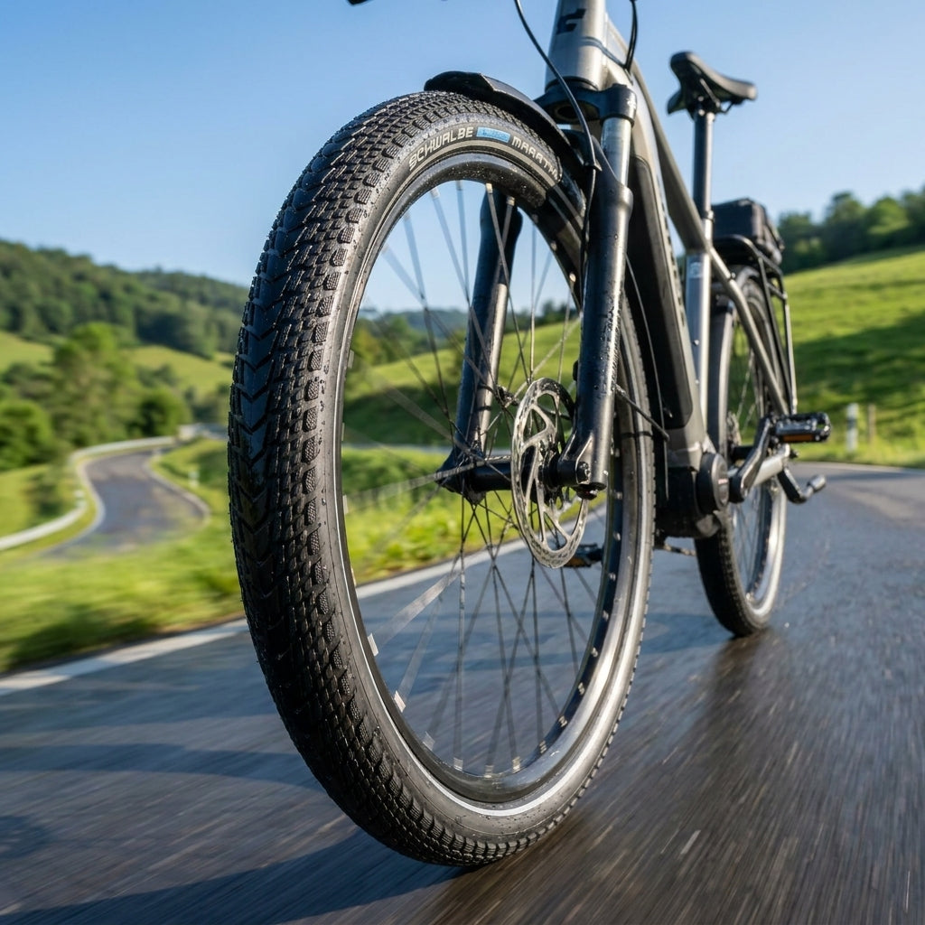 Schwalbe Marathon Almotion Reifen am E-Bike auf nasser Landstraße, grüne Hügel im Hintergrund.