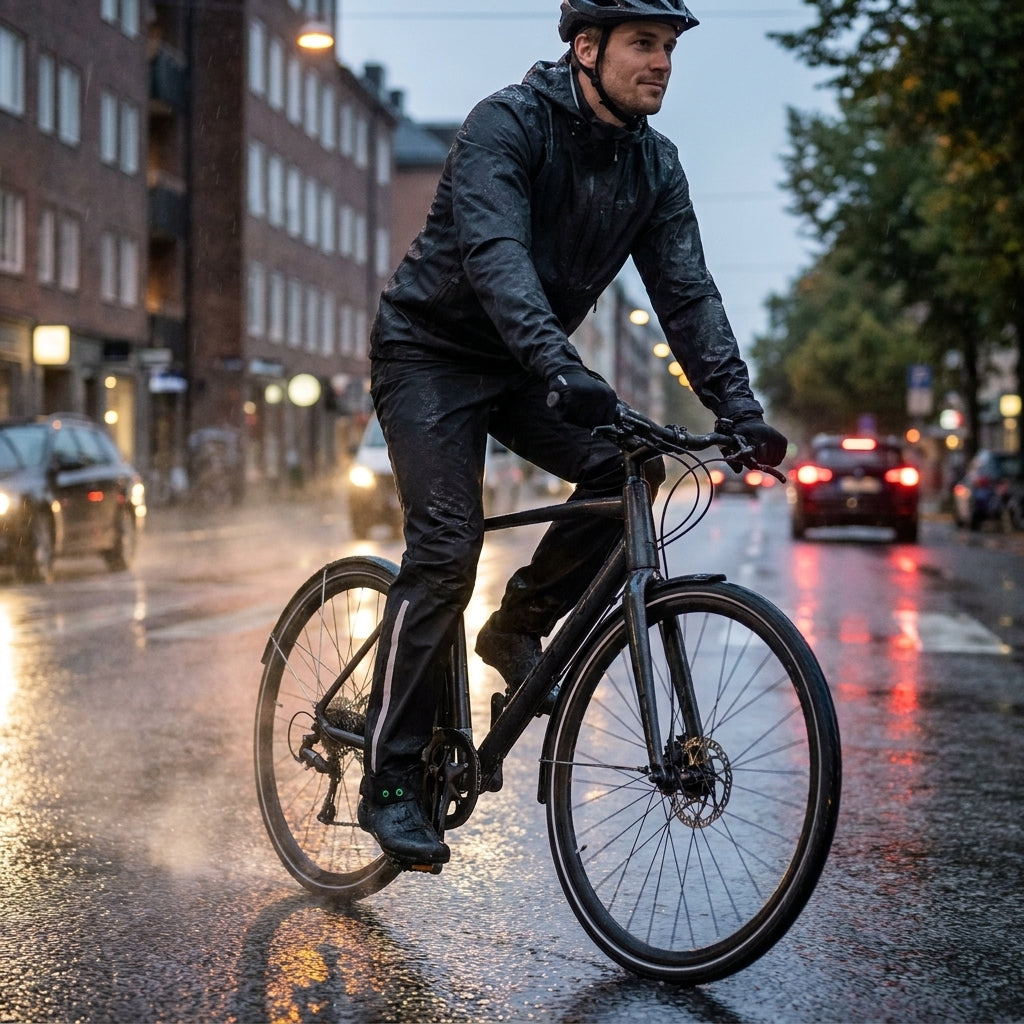 Basil Mosse Herren Regenhose jet black L: Mann fährt Fahrrad im Regen auf nasser Straße.
