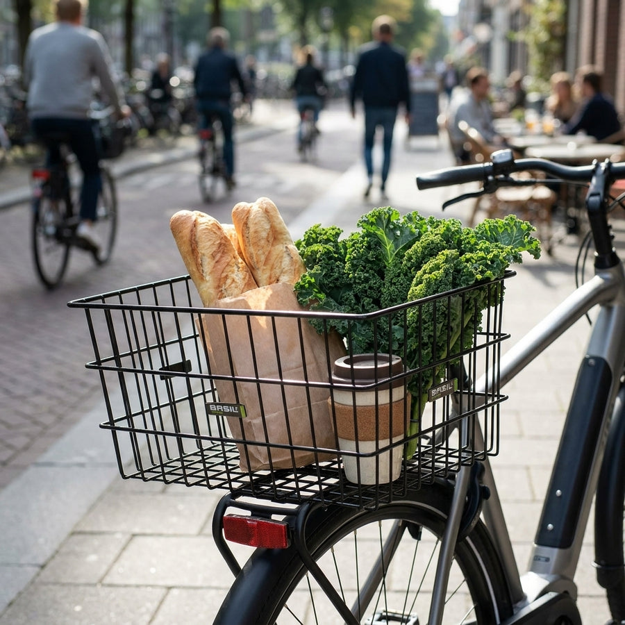 Basil Hinterradkorb Zembla schwarz am Fahrrad mit Baguette, Grünkohl und Kaffeebecher für den Stadteinkauf.