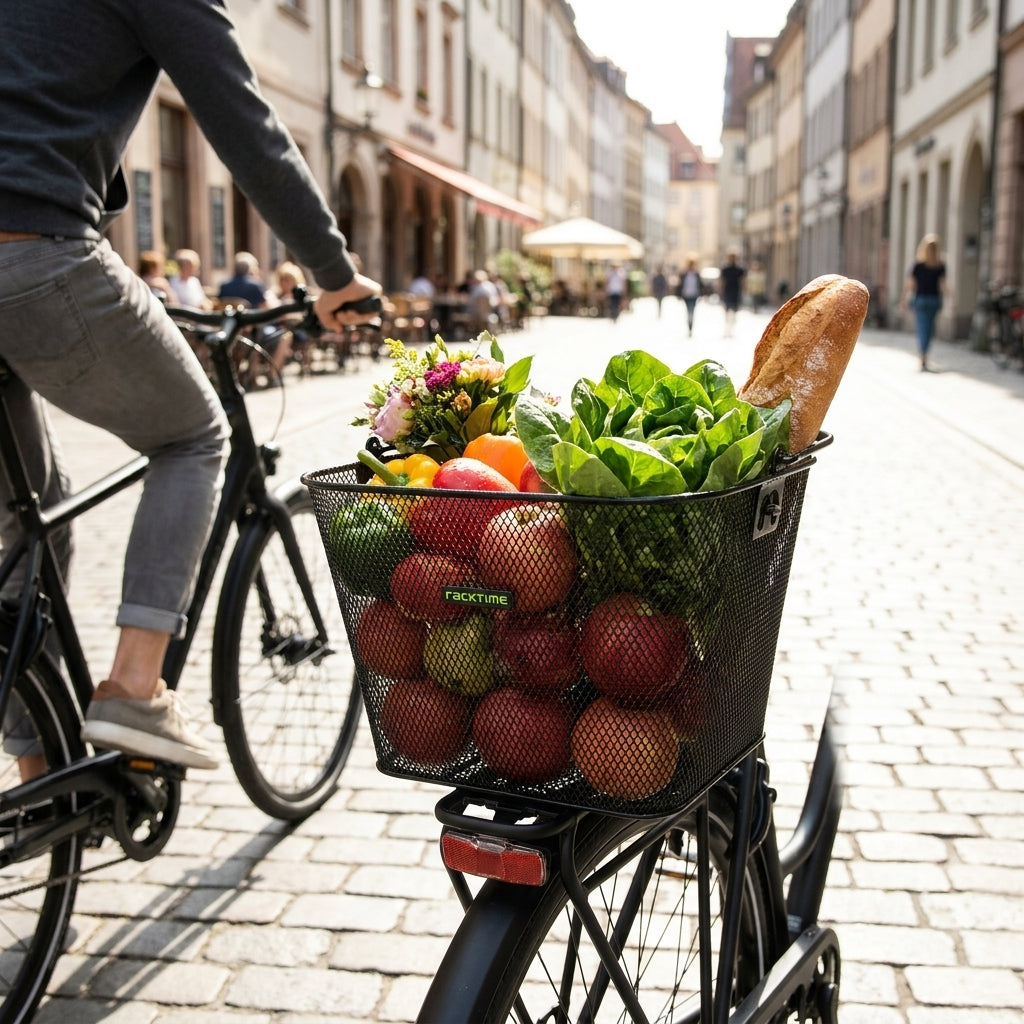 Racktime Baskit großer schwarzer Fahrradkorb am Gepäckträger mit Snapit Adapter, gefüllt mit Einkauf auf Kopfsteinpflaster.