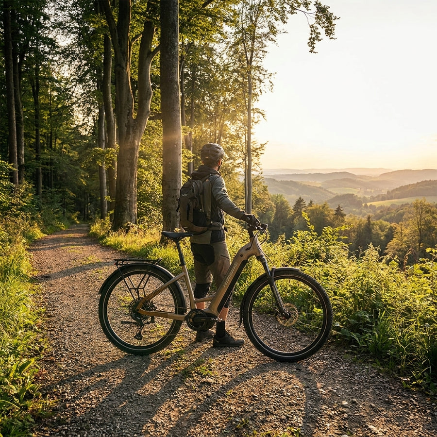 Haibike TREKKING 6.5 LOW E-Bike toffee/sand. Radfahrer auf Waldweg genießt Ausblick über das Tal im Abendlicht.