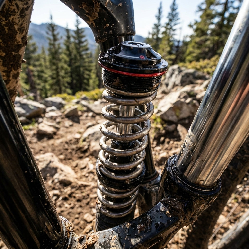RockShox Federgabel DualPos.CoilAssy 35Silver mit rotem Ring an schlammigem Mountainbike im Gelände.