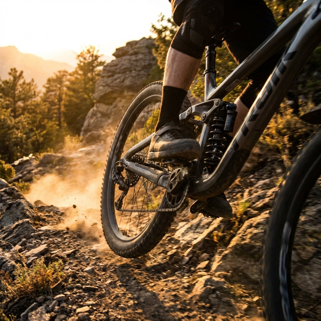 Detailaufnahme: Mountainbike mit sichtbarer RockShox Feder Coil 500LB auf staubigem Felsweg.