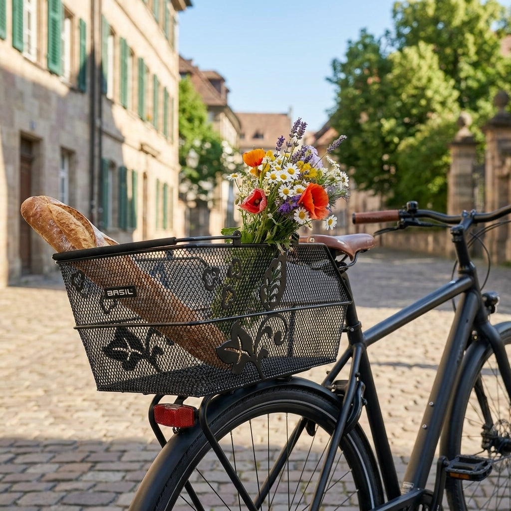 Basil Cento Fahrradkorb hinten schwarz Flower Multi feinmaschig auf Gepäckträger. Stilvoller, praktischer Fahrradkorb.