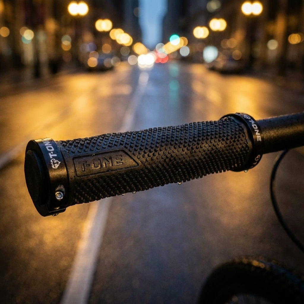 T-One Griffe DOT schwarz mit 2 Schraubensicherungen, Regentropfen auf Fahrradlenker, nasse Stadt bei Nacht.