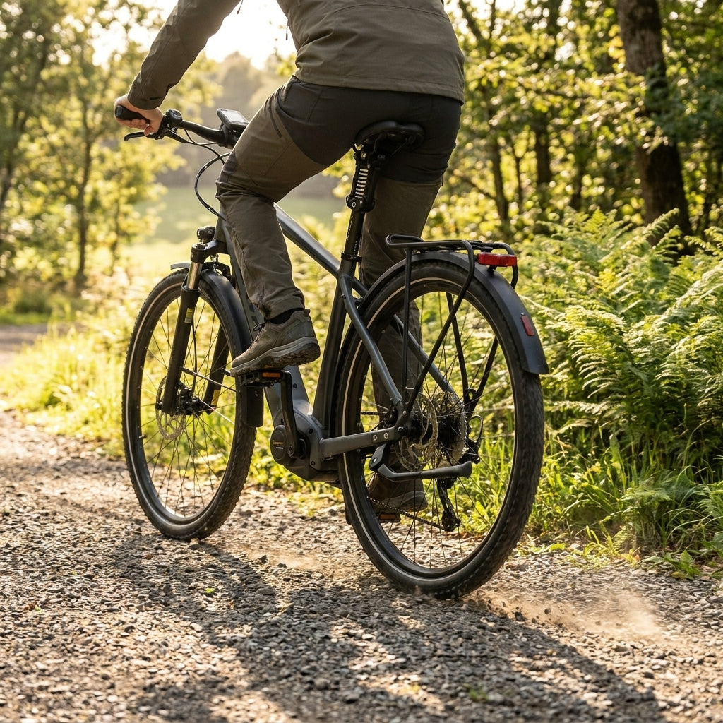 Person fährt E-Bike mit by,schulz Federstütze G.2 LT auf Schotterweg. Maximaler Fahrkomfort in natürlicher Umgebung.