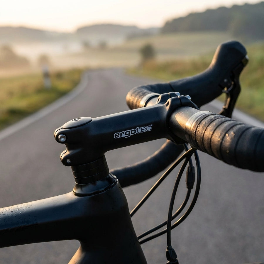 Schwarzer ErgoTec Charisma Vorbau 110mm 31.8mm am Rennrad auf nebliger Landstraße im Morgenlicht.