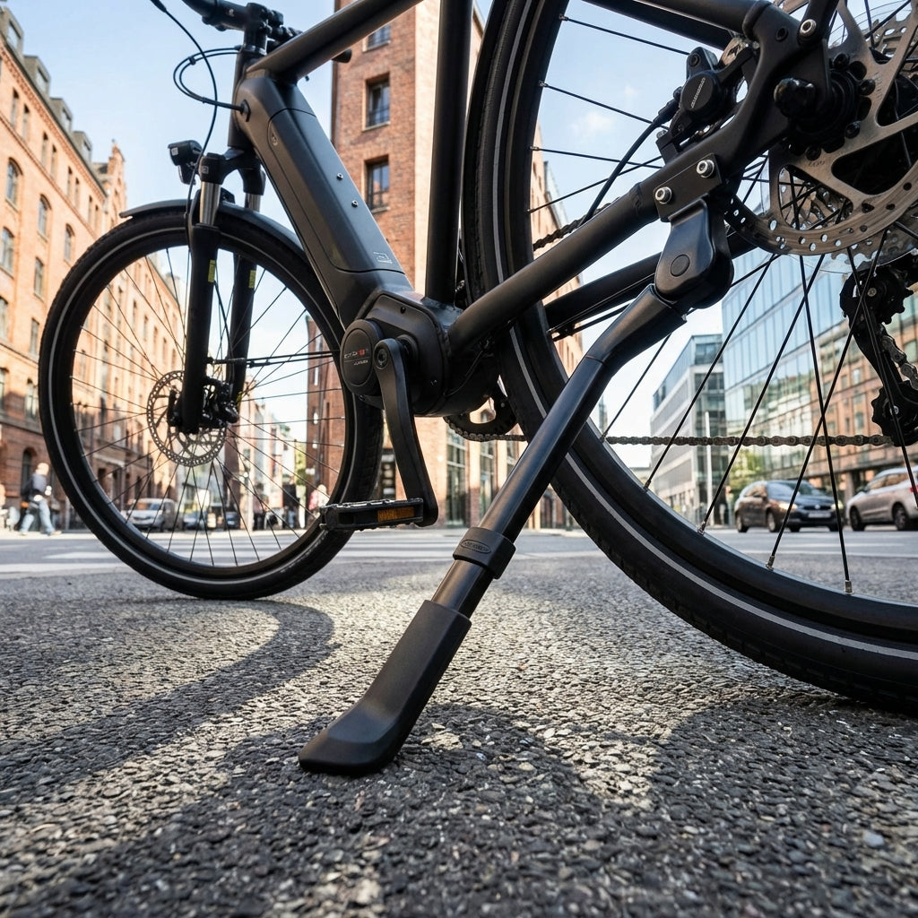 Ursus King Mini Seitenständer schwarz am E-Bike, verstellbar, 35 kg Traglast, auf Asphalt in der Stadt.