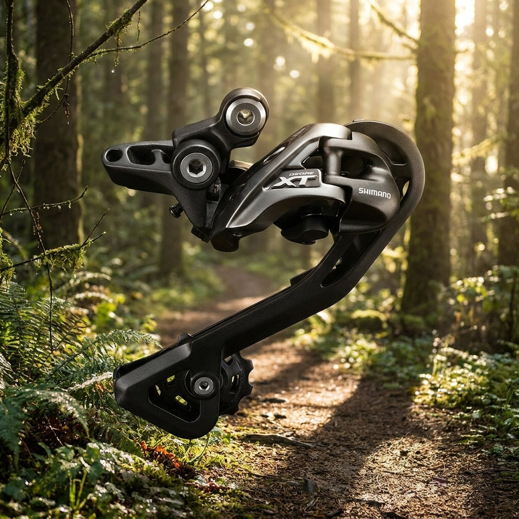 SHIMANO DEORE XT RD-T8000 10-fach Lang Direktmontage Trekking Schaltwerk schwebend im Wald.