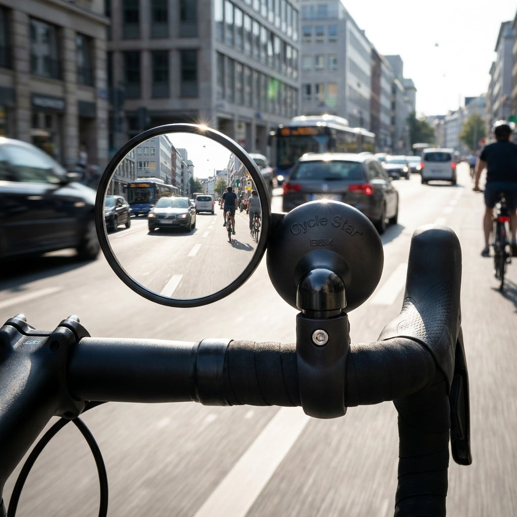 Busch&Müller Cycle Star Fahrradspiegel Ø60mm mit Innenlenkerbefestigung, zeigt den Verkehr hinter dem Rad.