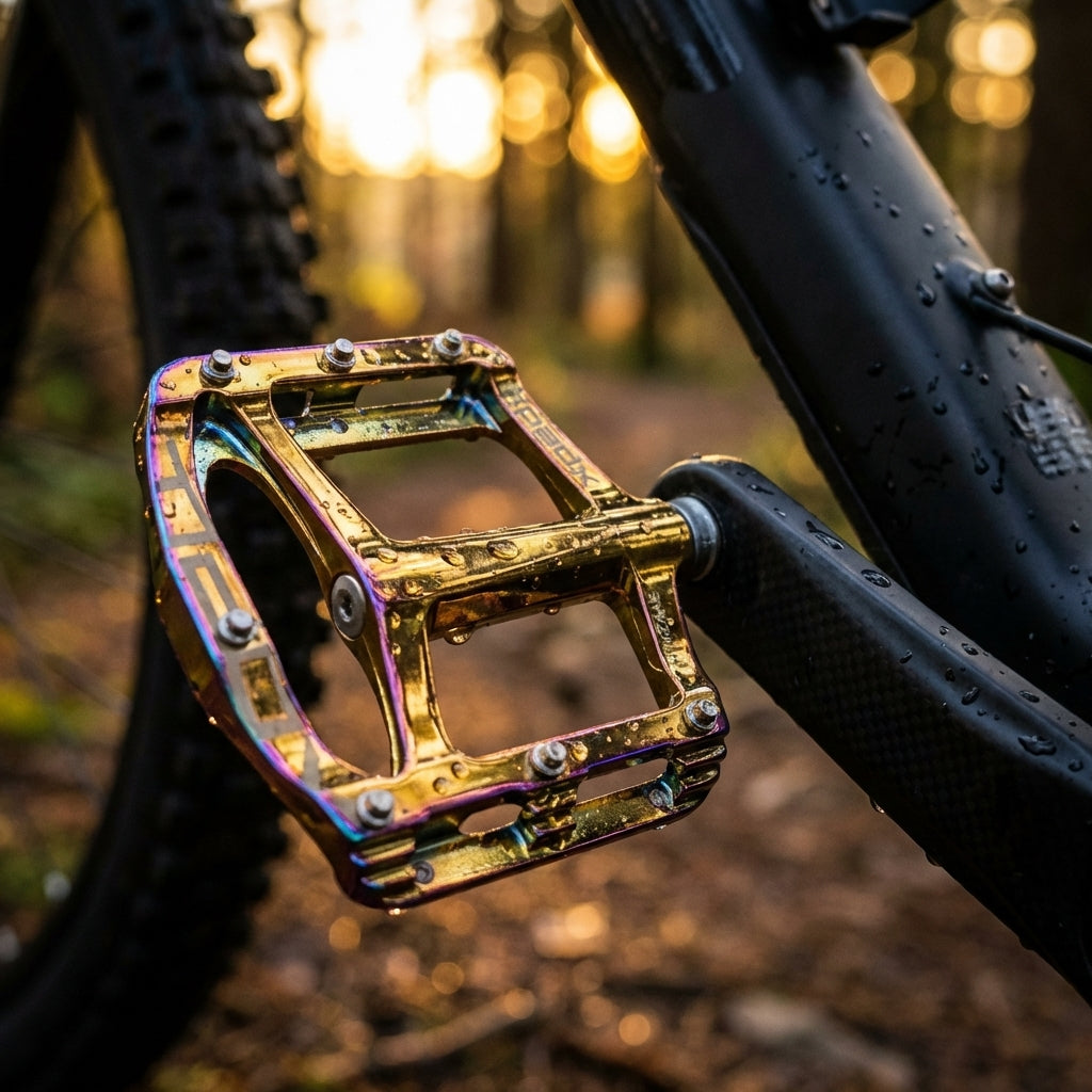 Xpedo SPRY+ goldslick Fahrradpedal XMX24AC, nass mit Regenbogen-Schimmer am Mountainbike im Wald.