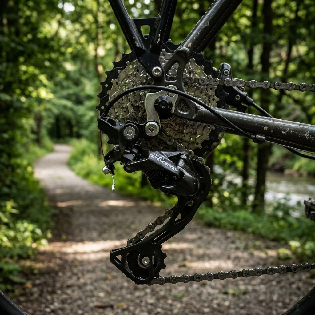 SHIMANO DEORE RD-T6000 10-fach Schaltwerk mit langem Käfig am Fahrrad auf Schotterweg im Wald.