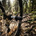 DT Swiss 350 Classic Boost-Hinterradnabe schwarz am MTB spritzt durch Wasser im Wald.