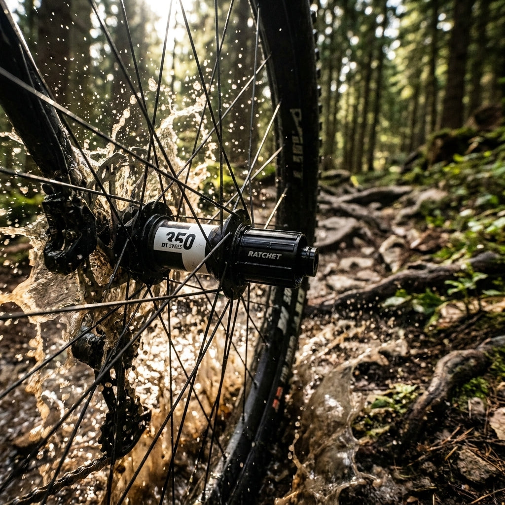 DT Swiss 350 Classic Boost-Hinterradnabe schwarz am MTB spritzt durch Wasser im Wald.