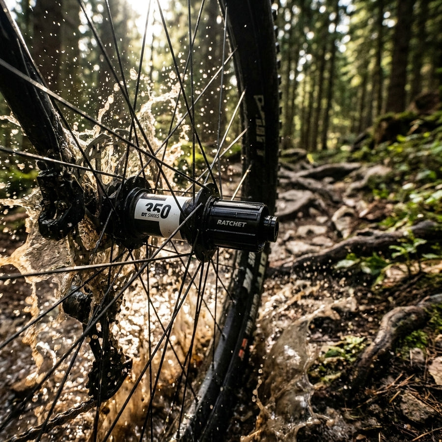 DT Swiss 350 Classic Boost-Hinterradnabe schwarz am MTB spritzt durch Wasser im Wald.