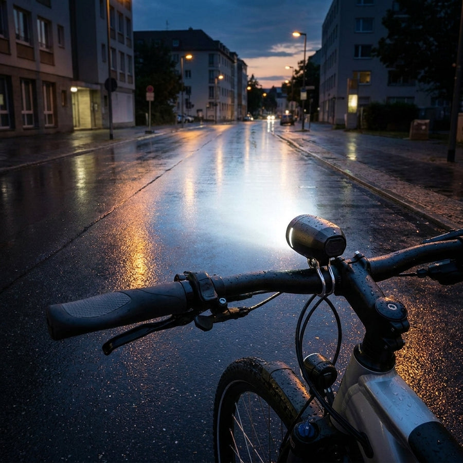 Heller Busch&Müller Lumotec Myc N senso plus StVZO Dynamo Scheinwerfer am Fahrrad, beleuchtet nasse Straße nachts.