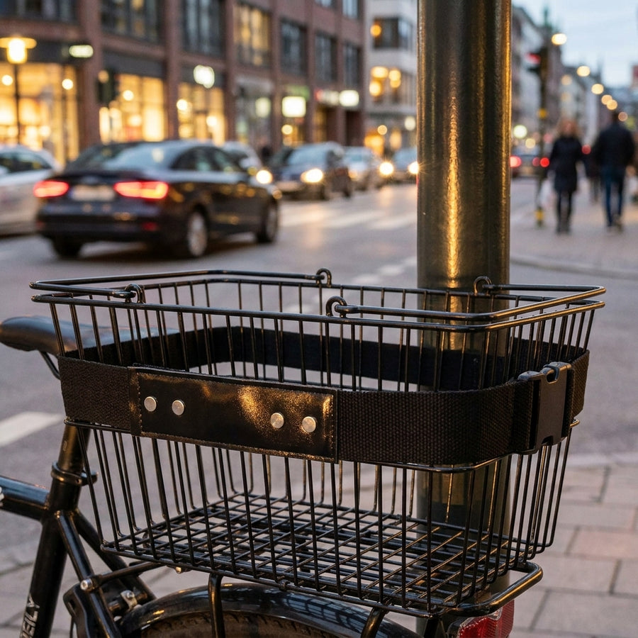 Atranvelo Sicherungs- und Tragegurt schwarz inkl. Schrauben am Fahrradkorb in urbaner Umgebung.