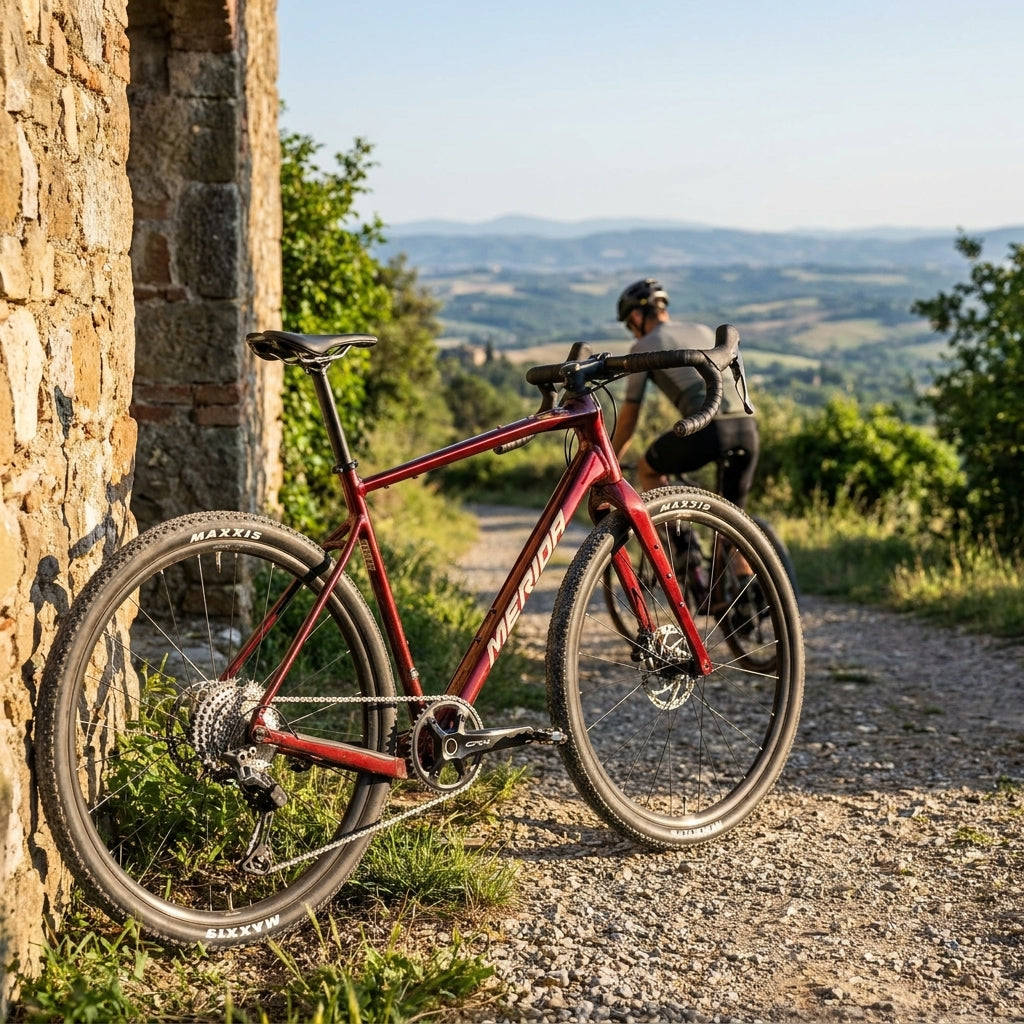 MERIDA SILEX 700 Gravelbike L elegant wildberry, Alu-Rahmen, Carbon-Gabel, Shimano GRX 12-fach auf Schotterweg.