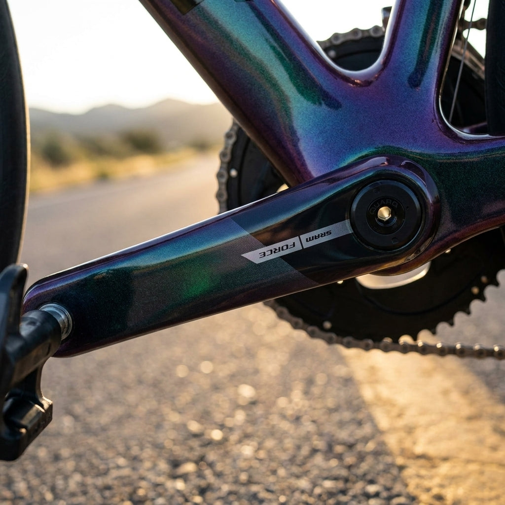 Linker, schillernder SRAM Force D2 Carbon-Kurbelarm mit Quarq Powermeter an einem Rennrad auf der Straße.