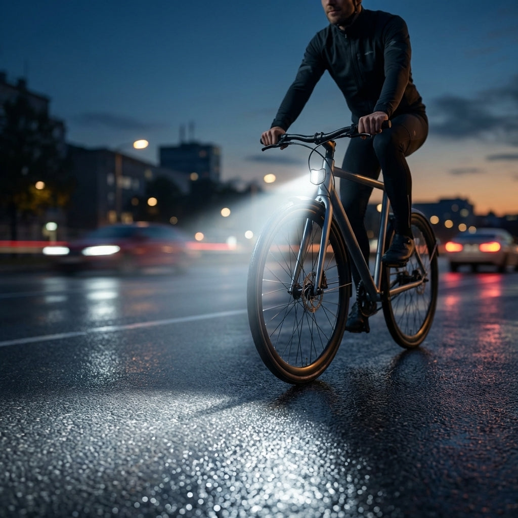 Busch&Müller LUMOTEC CYO StVZO Frontstrahler am Fahrrad beleuchtet nasse Straße bei Nacht für sichere Fahrt.