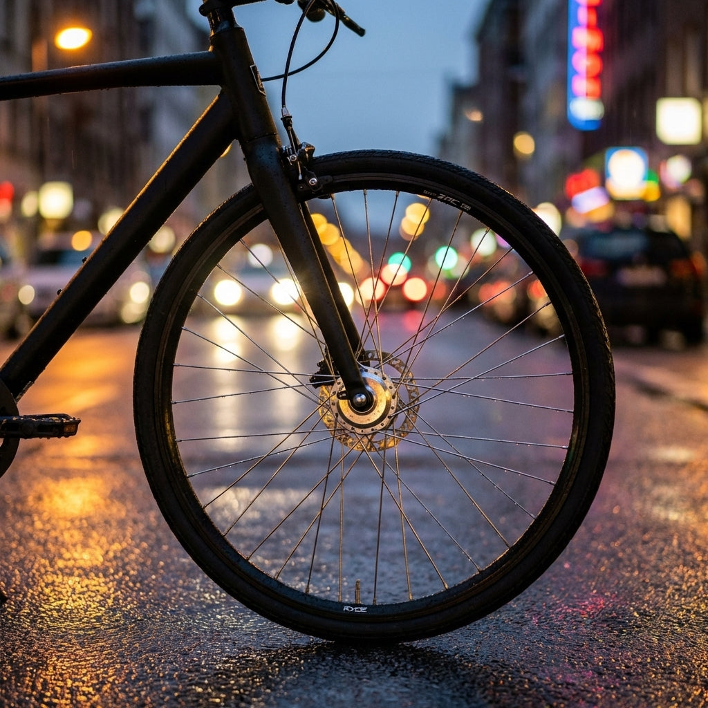 Roland 28" schwarzes Vorderrad SE ZAC 19 mit Nabendynamo DH-3N31-QR auf nasser Straße bei Nacht.
