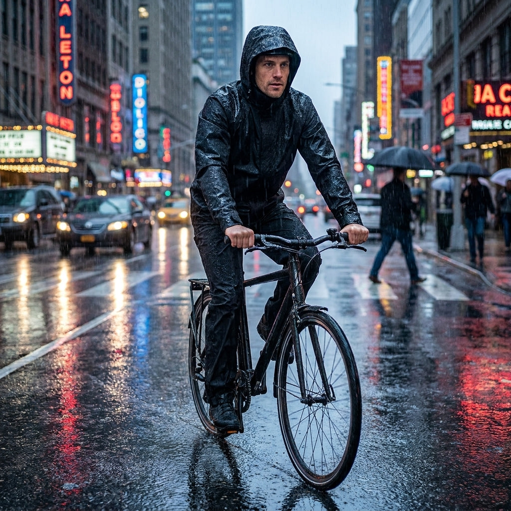 Basil Hoga Unisex Regenanzug jet black schützt Radfahrer im Regen auf belebter Stadtstraße.