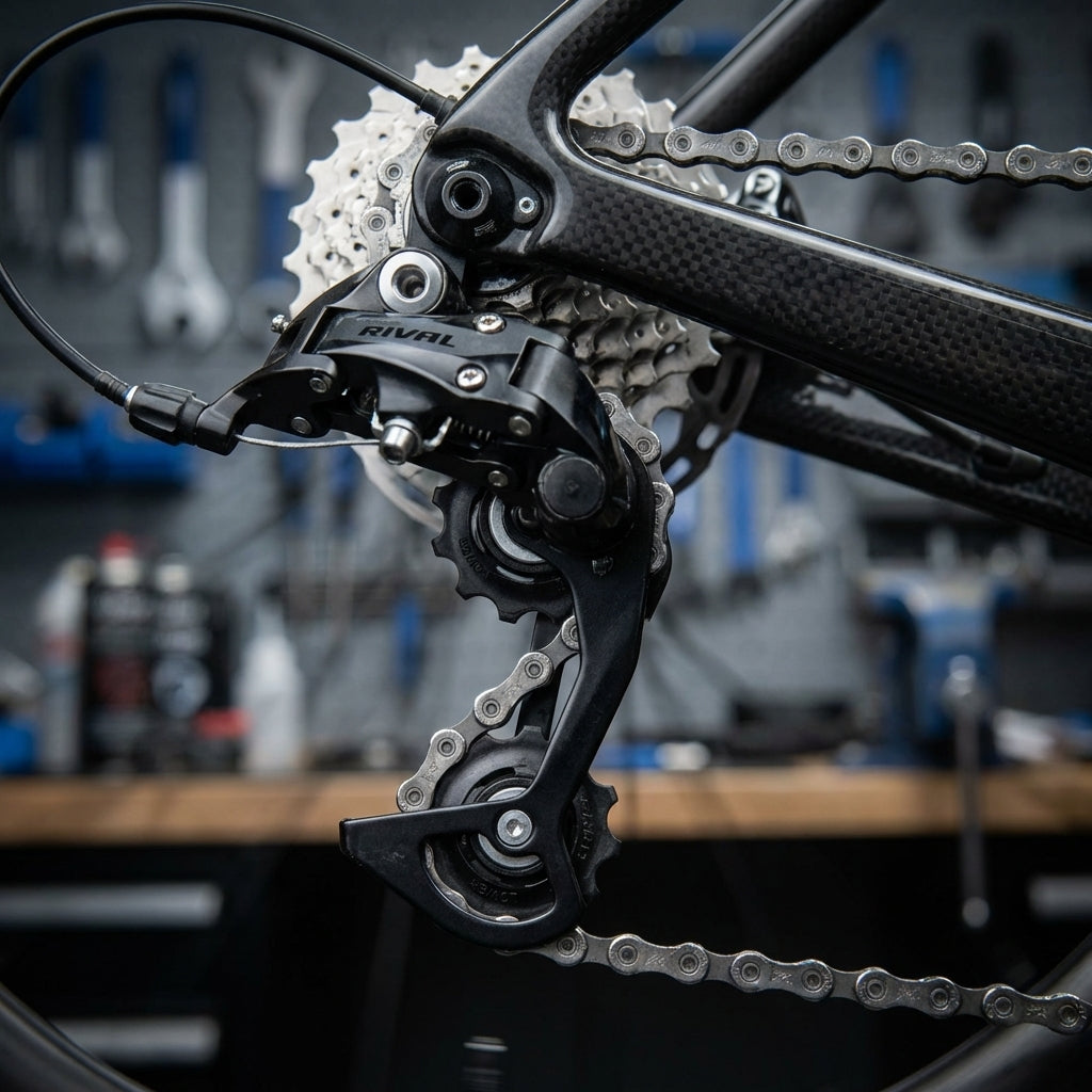 SRAM Rival Käfig/Schaltrollen-Set am Carbon-Rennrad für präzise Schaltperformance.