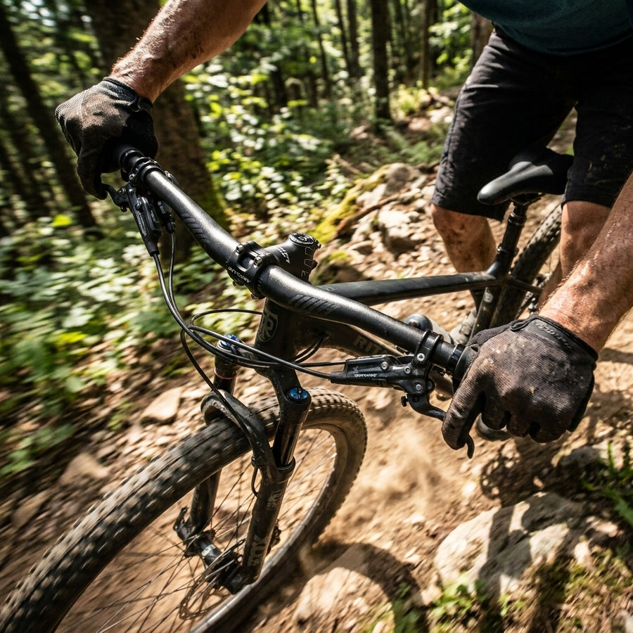 Ritchey COMP Trail Vorbau 35mm Blatte-Schwarz am Mountainbike auf felsigem Trail unterwegs.