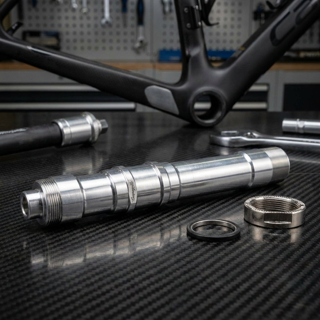 Campagnolo HR-Achsenkit Bora/Shamal für Laufräder auf Werkbank mit Fahrradrahmen und Werkzeugen im Hintergrund.