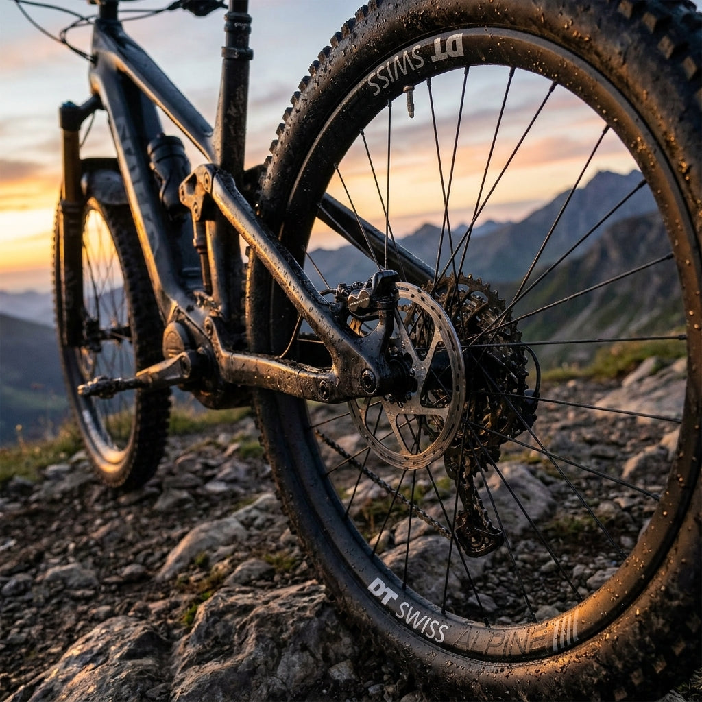 DT Swiss Speiche Alpine III E-Bike am schwarzen Mountainbike-Hinterrad in den Bergen bei Sonnenuntergang.