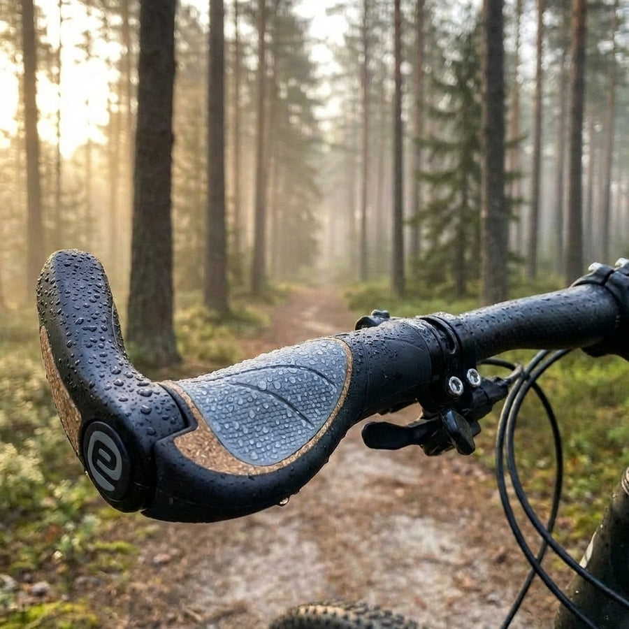 Ergotec Aero 2 Kraton MTB-Griffe in Schwarz-Grau mit Wassertropfen am Fahrradlenker auf einem nebligen Waldweg.