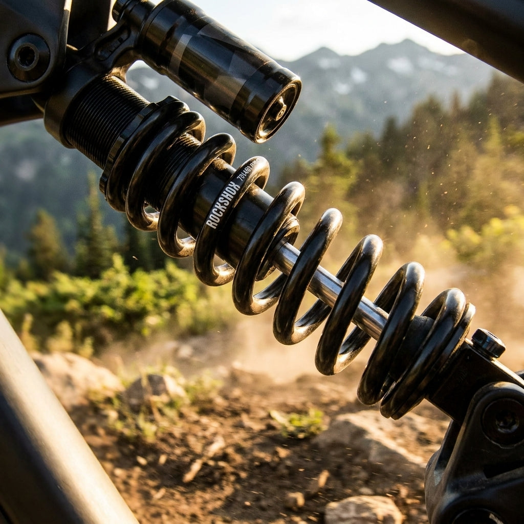 RockShox Feder schwarz für metrische Dämpfer am Mountainbike auf staubigem Trail.