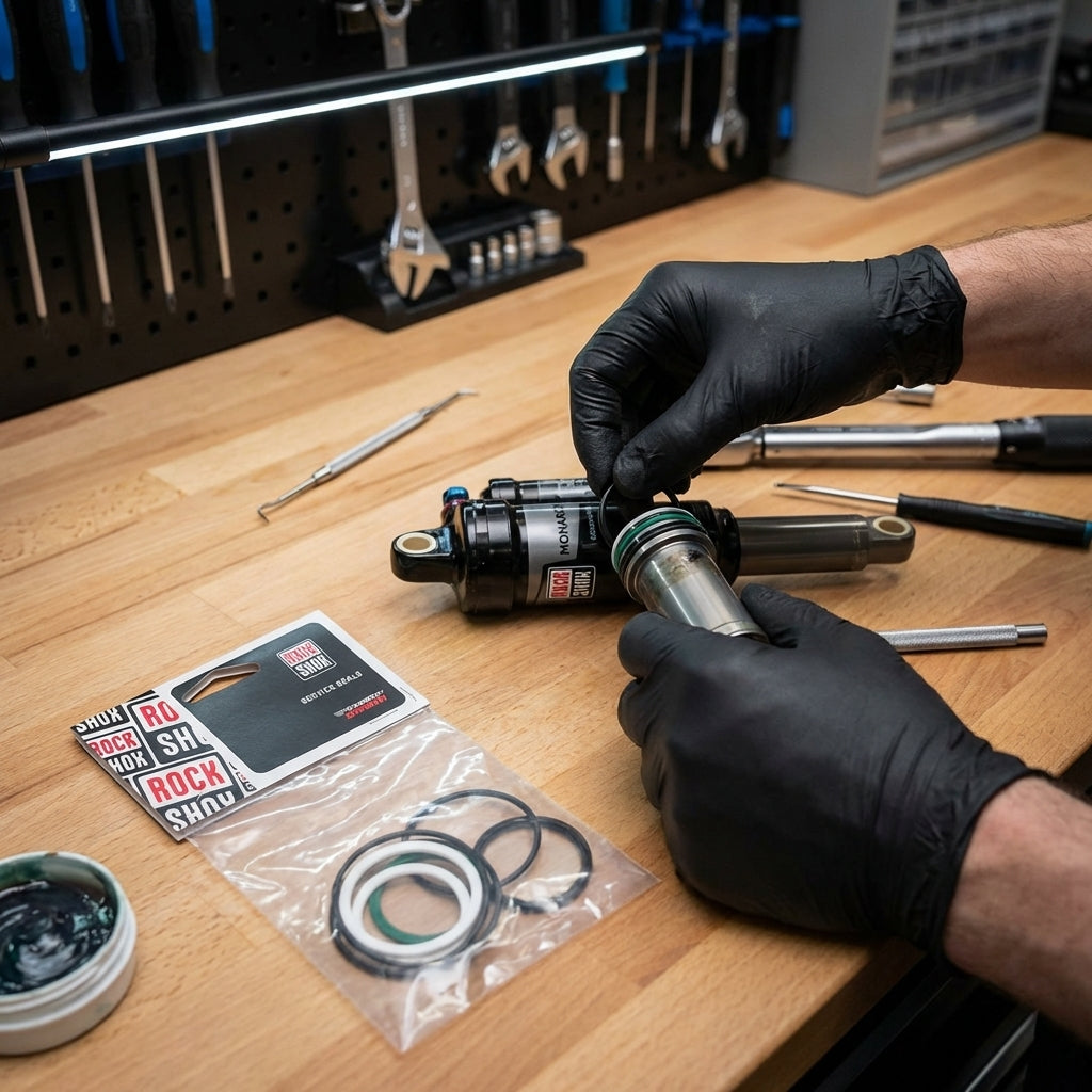 Hände warten RockShox Monarch DebonAir Fahrrad-Dämpfer mit AirCan ServiceKit und neuen Dichtungen.