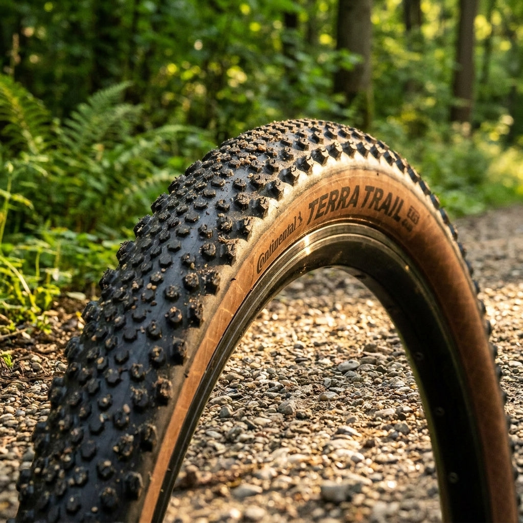 Continental Terra Trail Reifen schwarz/braun auf Schotterweg im Wald, Nahaufnahme.