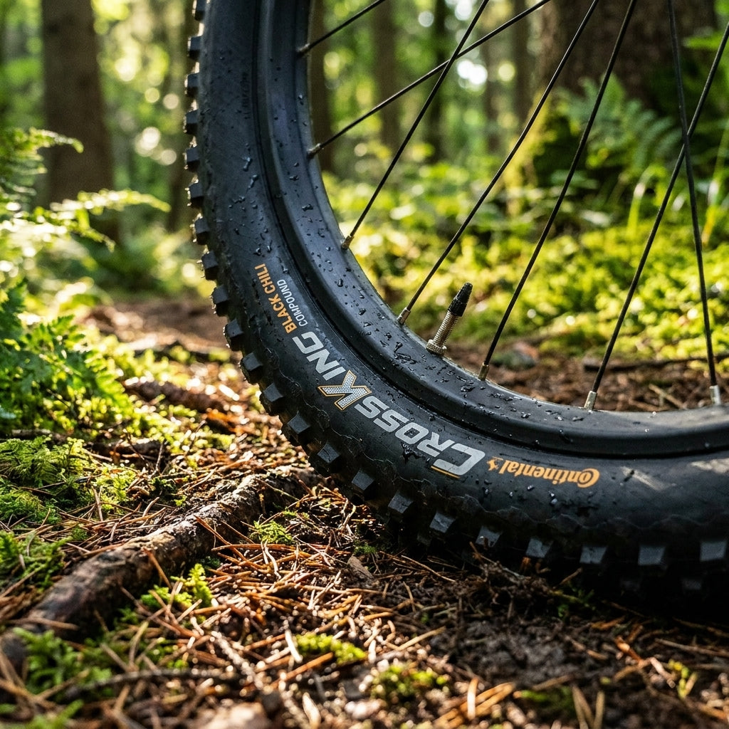 Continental Cross King 27.5 Zoll Mountainbike-Reifen im Wald, mit Black Chili Compound, auf feuchtem Waldboden.