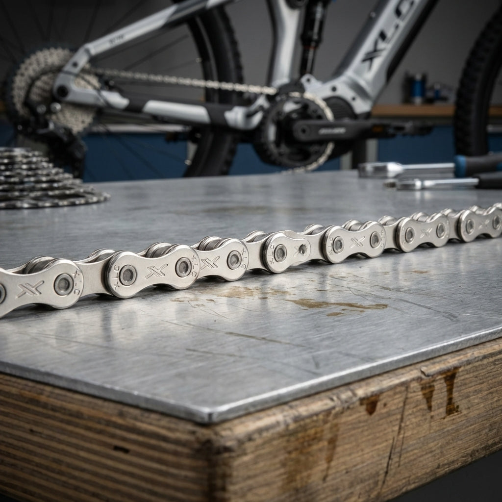 XLC E-Bike Kette CC-C17 138 Glieder 9-fach silber auf Werkbank mit E-Bike im Hintergrund.