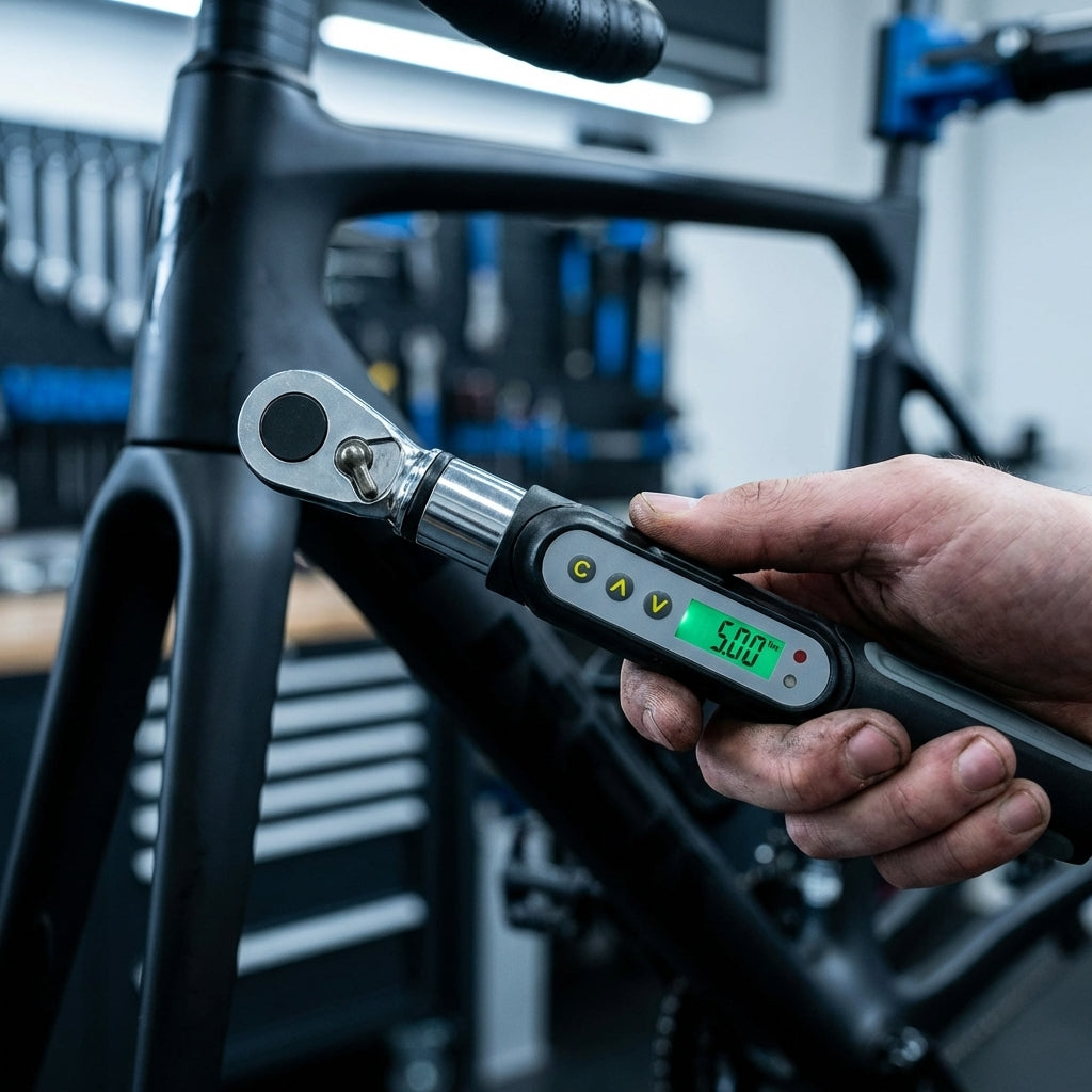 VAR Digitaler Drehmomentschlüssel DV-12100 1-20 Nm für präzise Fahrradmontage und Carbon-Komponenten in der Werkstatt.