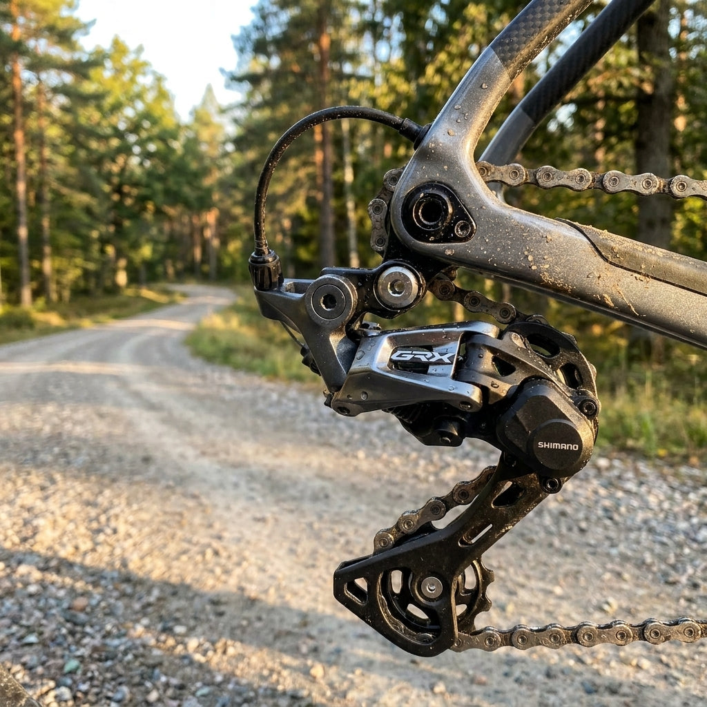 SHIMANO GRX RD-RX810 11-fach Rennrad Gravel Schaltwerk am schmutzigen Fahrrad auf Schotterstraße.