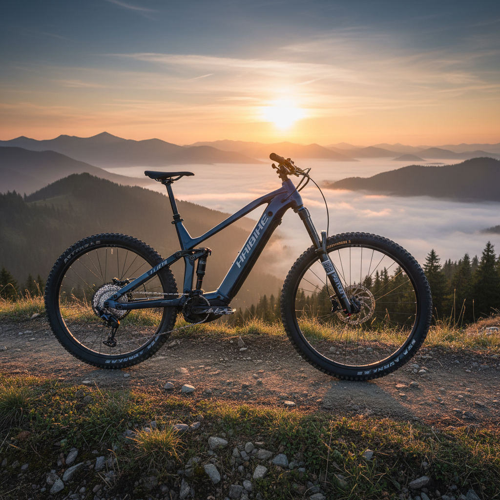Haibike ALLMTN 6 E-MTB schwarz/grau auf Bergpfad bei Sonnenaufgang mit nebligen Tälern.