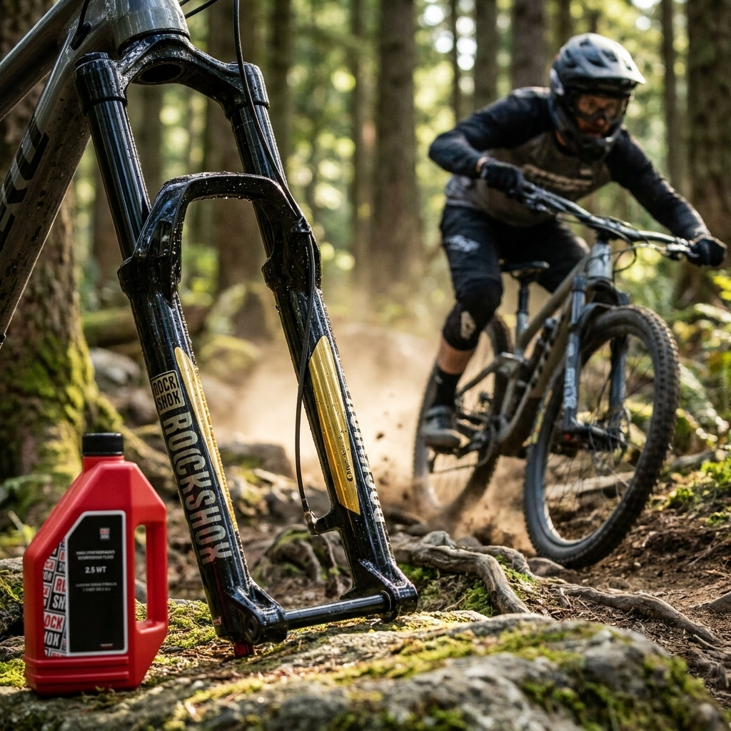 RockShox Suspension Oil 2.5WT Flasche vor demontierter Federgabel, Mountainbiker fährt auf Waldtrail.