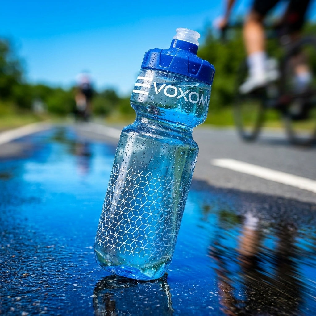 Voxom F1 Fahrrad Wasserflasche klar-blau 710ml. BPA-frei, Auto-Close Ventil, spülmaschinenfest. Ideal für Sport & Radfahren.